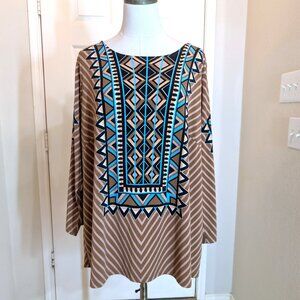 Bob Mackie Wearable Art Tunic Top Plus Size 2X Brown Chevron & Geometric Print
